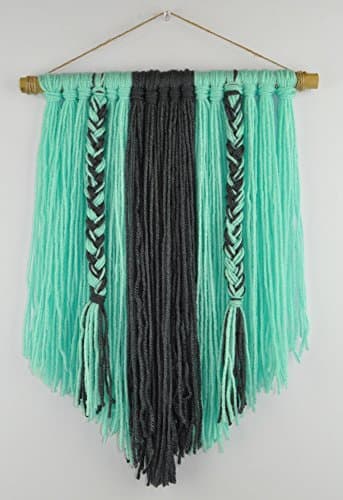 KRASKA Boho Wall Decor Hanging - Yarn Wall Hanging Decor Boho Tapestry - Hippie Decor Knitted Cute Chic Wall Art Boho Decor Bedroom - Boho Macrame Wall Hanging Size 12 x 17 inch Mint