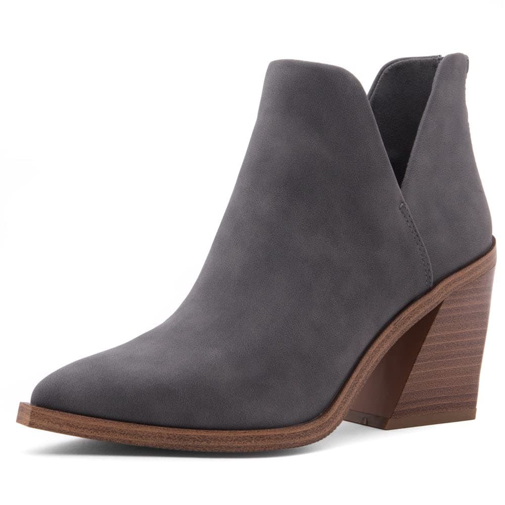 Shoe Land Womens Mingo Ankle Booties Chunky Stack Heels V Cutout Boots Pointed Toe Back Zipper Slip on Shoes