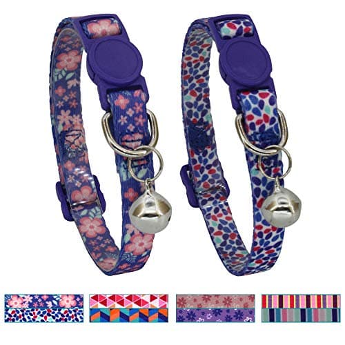Leepets 2 Pack/Set Breakaway Cat Collar with Bell Safe and Cute Kitten Collar, Adjustable 7-12 Inch, 3/8 Wide, Pink/Purple Floral Pattern