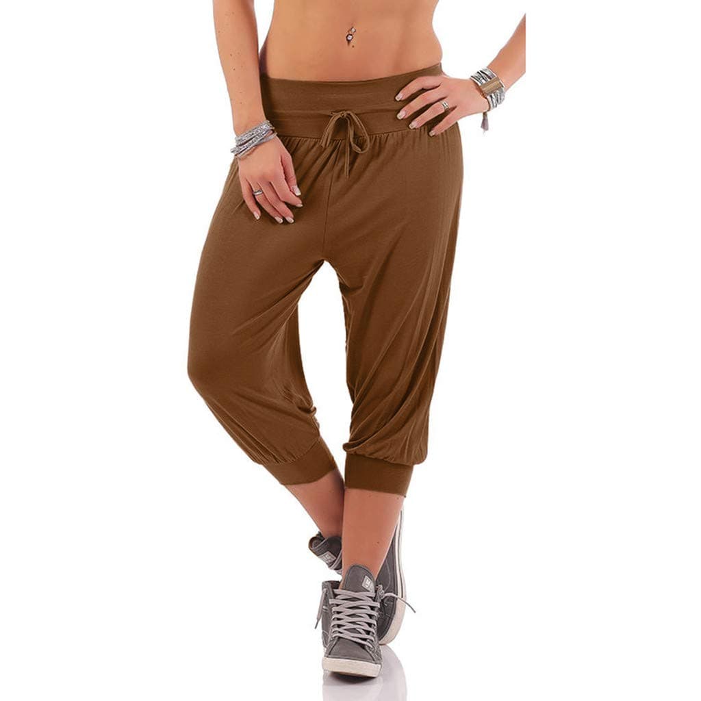 Eaktool Workout Yoga Hot Shorts,Women Solid Threaded Trousers with Loose Bandwidth Carf-Length Sport Pants Brown