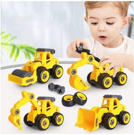 TEC TAVAKKAL Push And Go Construction Vehicles Set, 4 Pack Diy Take Apart Toys Construction Trucks With 1 Screwdriver Tools, Kids Building Cars Birthday For Boys Toddlers 1 To 10 Year Old,Yellow