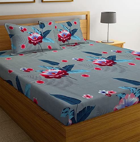 NEW LEAF Premium Cotton Elastic Fitted Bedsheets with 2 King Size Pillow Covers | Double Bed with All Around Elastic 180 TC Supersoft | Size - 72 King Sizex78+10 inches | Grey and Pink