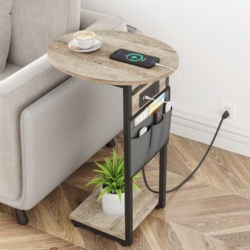 Vagusicc C Shaped End Table with Charging Station, Small Side Table for Couch, Slide Under Sofa Table for Living Room Bedroom, Round Couch Side Table, C Table for Couch Snack Table TV Tray, Greige