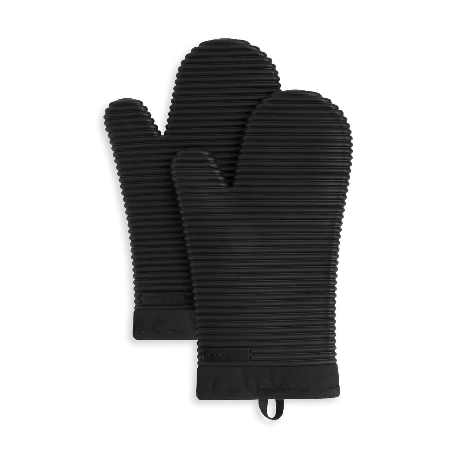 KITCHENAID Ribbed Soft Silicone Oven Mitt 2-Pack Set, Matte Black, 7.5"x13"