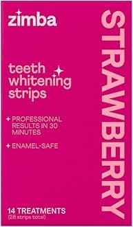 Zimba Strawberry Flavored Teeth Whitening Strips | Vegan, Enamel Safe Hydrogen Peroxide Teeth Whitener for Coffee, Wine, Tobacco, and Other Stains | 14 Day Treatment | Strawberry