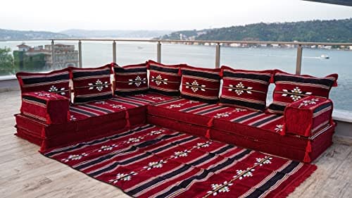 Oriental Floor Seating, Maroon Floor Sofa Seating Set, Corner Arabic Sofa, Floor Cushions, Arabic Furtiture, Arabic Majlis, Moroccan Jalsa (L Sofa + Rug)