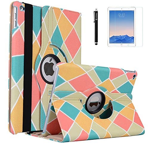 iPad Air 2 Case, AiSMei Rotating Stand Case Cover with Auto Wake Up/Sleep Function For Apple iPad Air 2 [Model A1566 A1567] the 6th Gen 9.7-Inch iPad Released in 2014, Bonus Stylus + Film, Mix Color 1