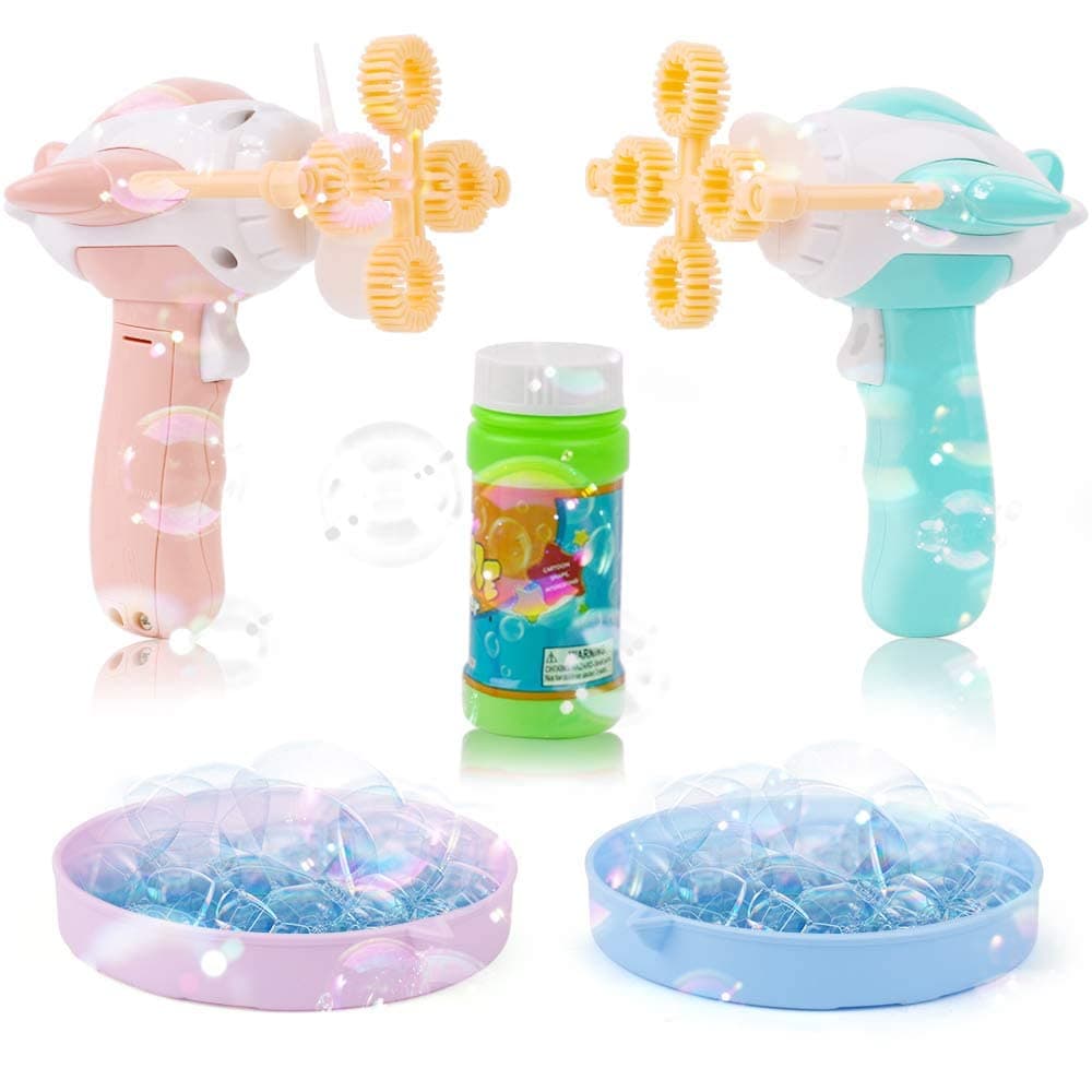 JOYGOGO 2 Bubble Guns with 1 Bubble Solution, Durable Simple Handheld Bubble Blower for Kids Party Favor Birthday Wedding
