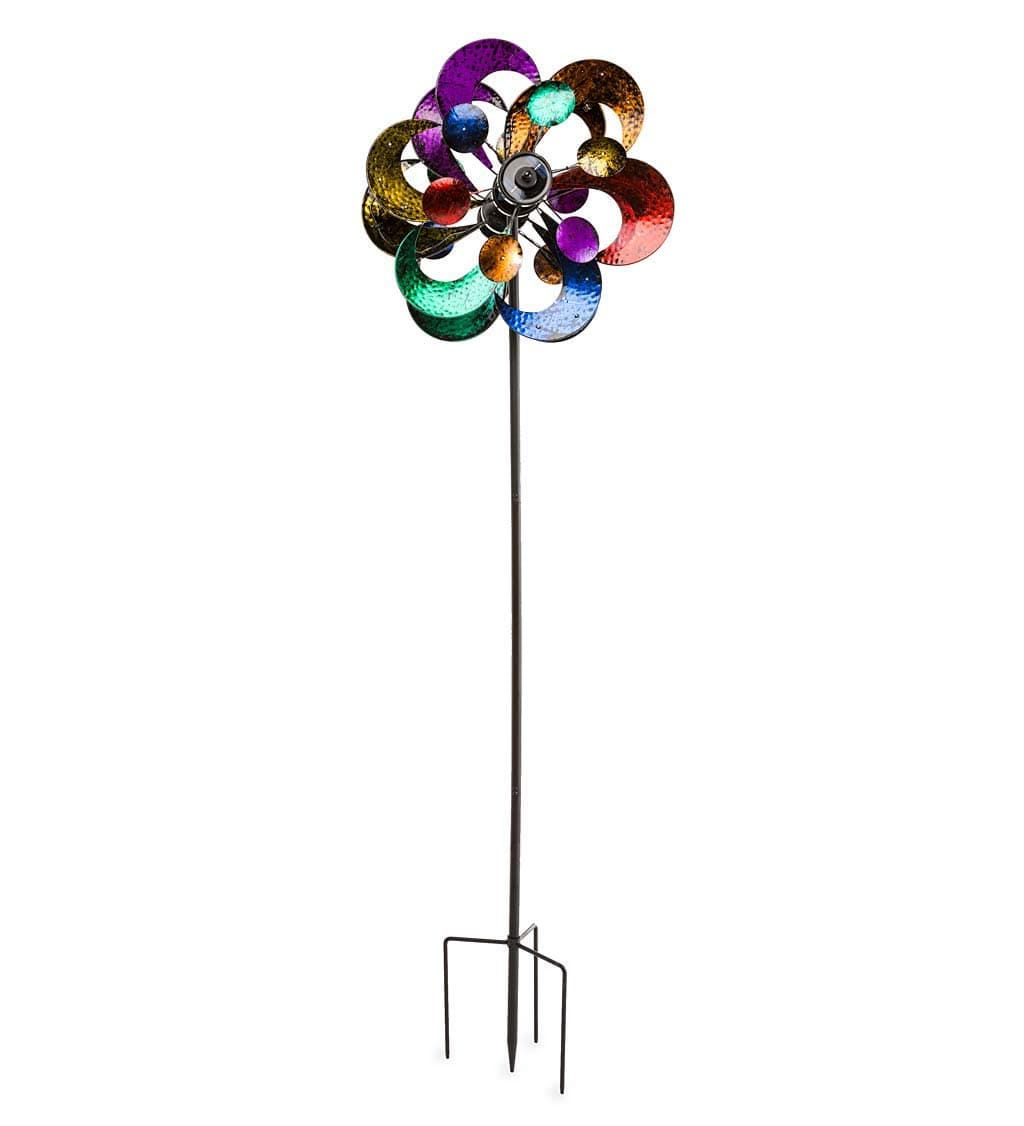 Plow & Hearth Solar Gala Wind Spinner - Enchanting 7ft Multicolor 4-Blade Wind Art | 24"x20.75"x84" | Integrated Solar Panels | LED Lights | Mesmerizing Garden Display