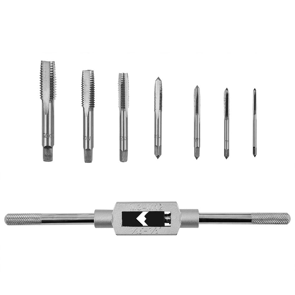 Rocaris 8pcs 3F Thread Metric Machine Hand Screw Thread Plug Taps Set M3 M4 M5 M6 M8 M10 M12 with Adjustable Tap Wrench 1/16-1/2''