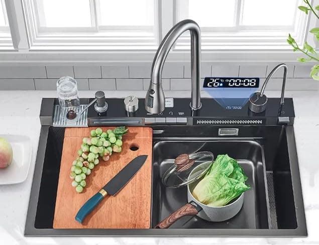 AVIER® 30" x 18" x 9" Fully Equipped Kitchen Sink with DUAL FLOW & Integrated Waterfall and Pull-down Faucets with 304 Grade Stainless Steel Nano Black Finish Sink with LED Pannel & Digital Display.
