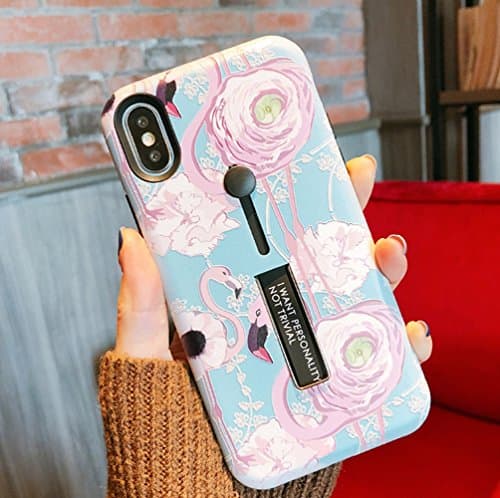 YTamazing iPhone 7/8 Plus Case with Finger Grip, 3D Embossed Flowers Design Rugged Shockproof Slim Fit Dual Layer Finger Ring Loop Strap Case with Finger Strap for iPhone 7/8 Plus (Tropical Flamingo)