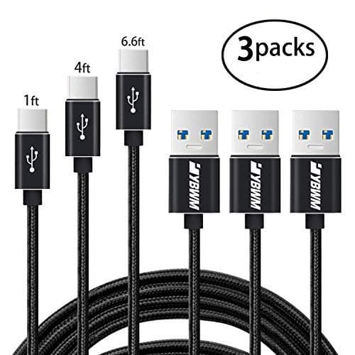 Braided USB C Cables, YBWM USB A To C Fast Charger Cord Set Of 3 (1feet, 4feet, 6feet), QC 3.0 Type C Cables For Samsung Galaxy Note 8 S8 Plus, LG G6 V30 V20, Nintendo Switch, Google Pixel (Black)