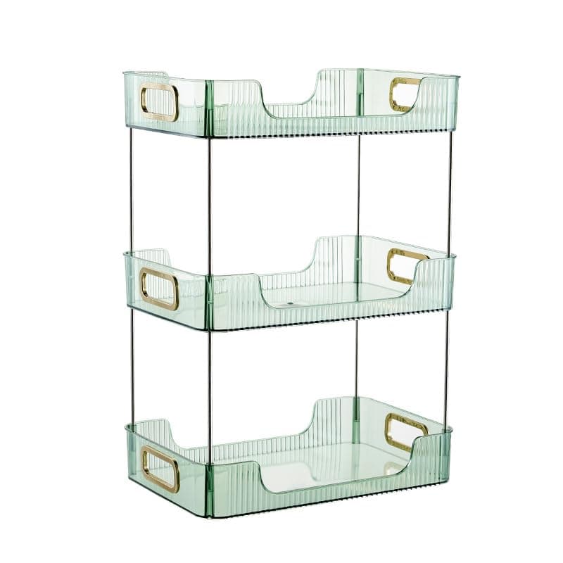 Clear Vanity Display Stand and Makeup Organizer, Makeup Organizer with 3 Compartments to Store Skincare Products, Brushes, Eyeshadow, Lotion, Lipstick, Nail Polish and Jewelry.（Green）