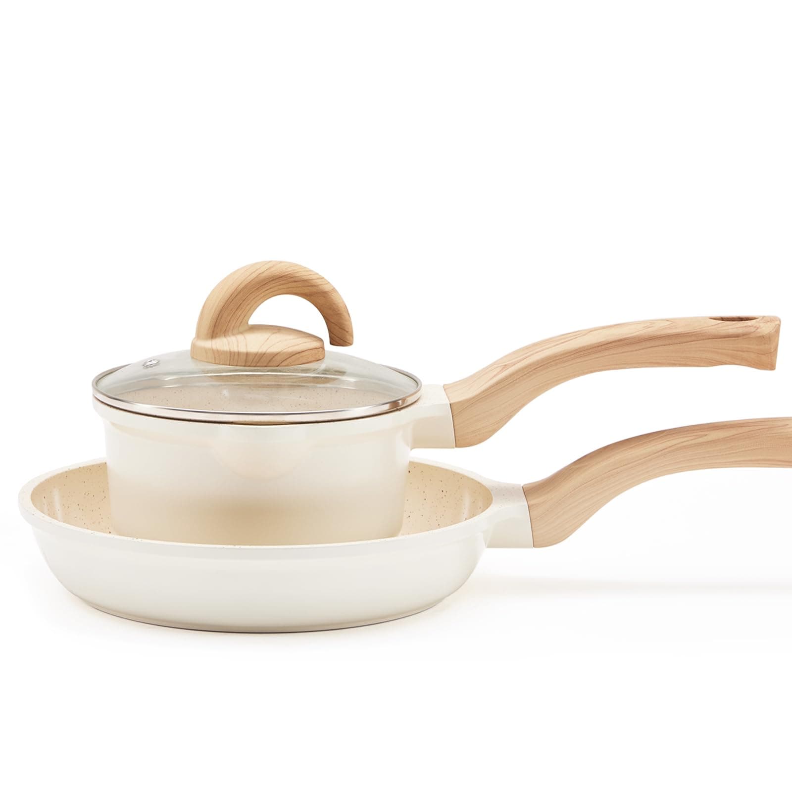 Non Stick Pots and Pans Set Ceramic Cookware Set with Granite Dot, 3pcs Kitchen Cooking Sets Frying Pan Saucepan, No PTFE, No PFAS, Bright Cream