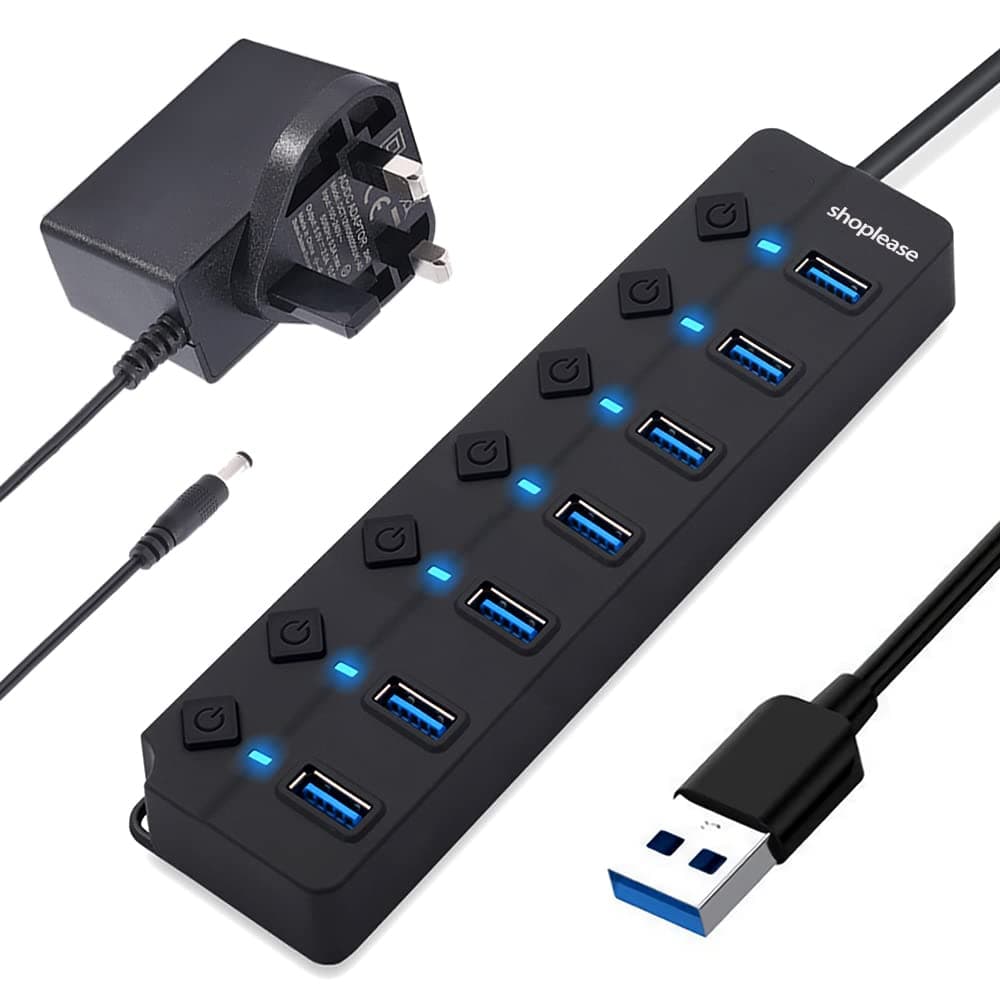 USB 3.0 Splitter, 7-Port USB 3.0 Hub with Individual Power Switches and Lights, Portable Expansion Data Hub with 5V/2A Power Adapter for Windows 10, 8.1, 8, 7, Vista, XP, Linux, Mac OS X