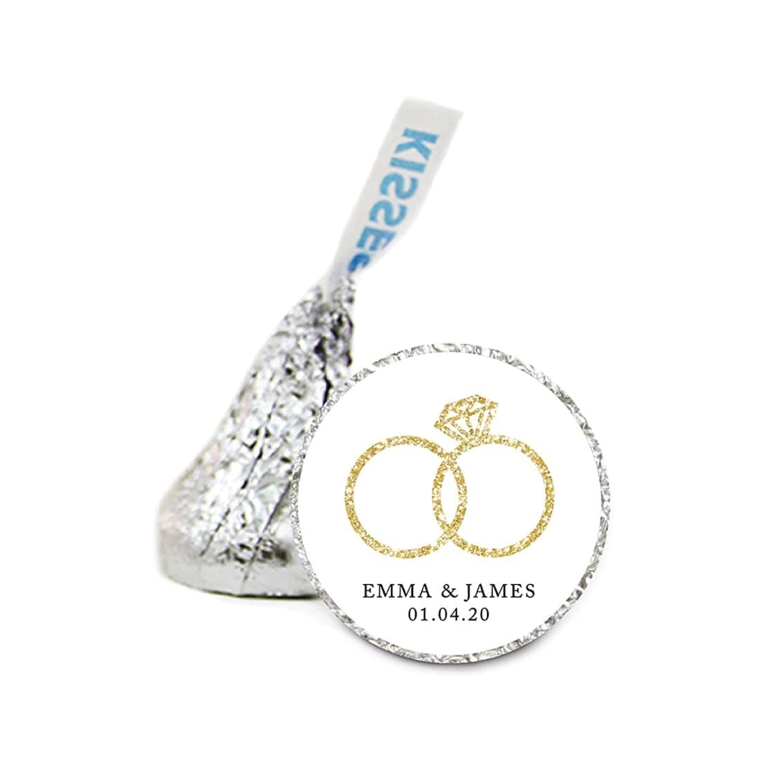 Andaz Press Personalized Chocolate Drop Labels Stickers Single, Wedding, Double Rings Faux Gold Glitter, 216-Pack, Custom Name, for Kisses Party Favors, Gifts, Decorations