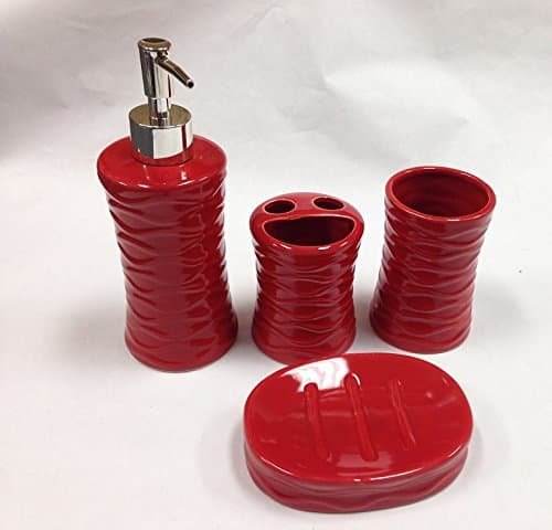 WPM 4 Piece RED Ceramic Bath Accessory Set: Soap Dispenser, Tumbler, Toothbrush Holder, Soap Dish