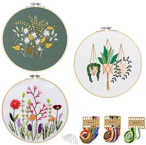 JUSHOOR 3 Sets Embroidery Starter Kit with Patterns, Full Range of Cross Stitch Kit Supplies for Beginners Adults Kids(Bamboo Hoop+Cloth+Tools)