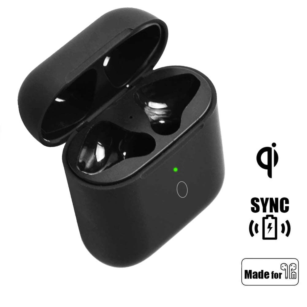 Wireless Charging Case Replacement Compatible with AirPods 1 2, QI AirPod Charger Protective Cover with Sync Bluetooth Pairing Button, Built-in Battery 5 Times Full Charge (Black)