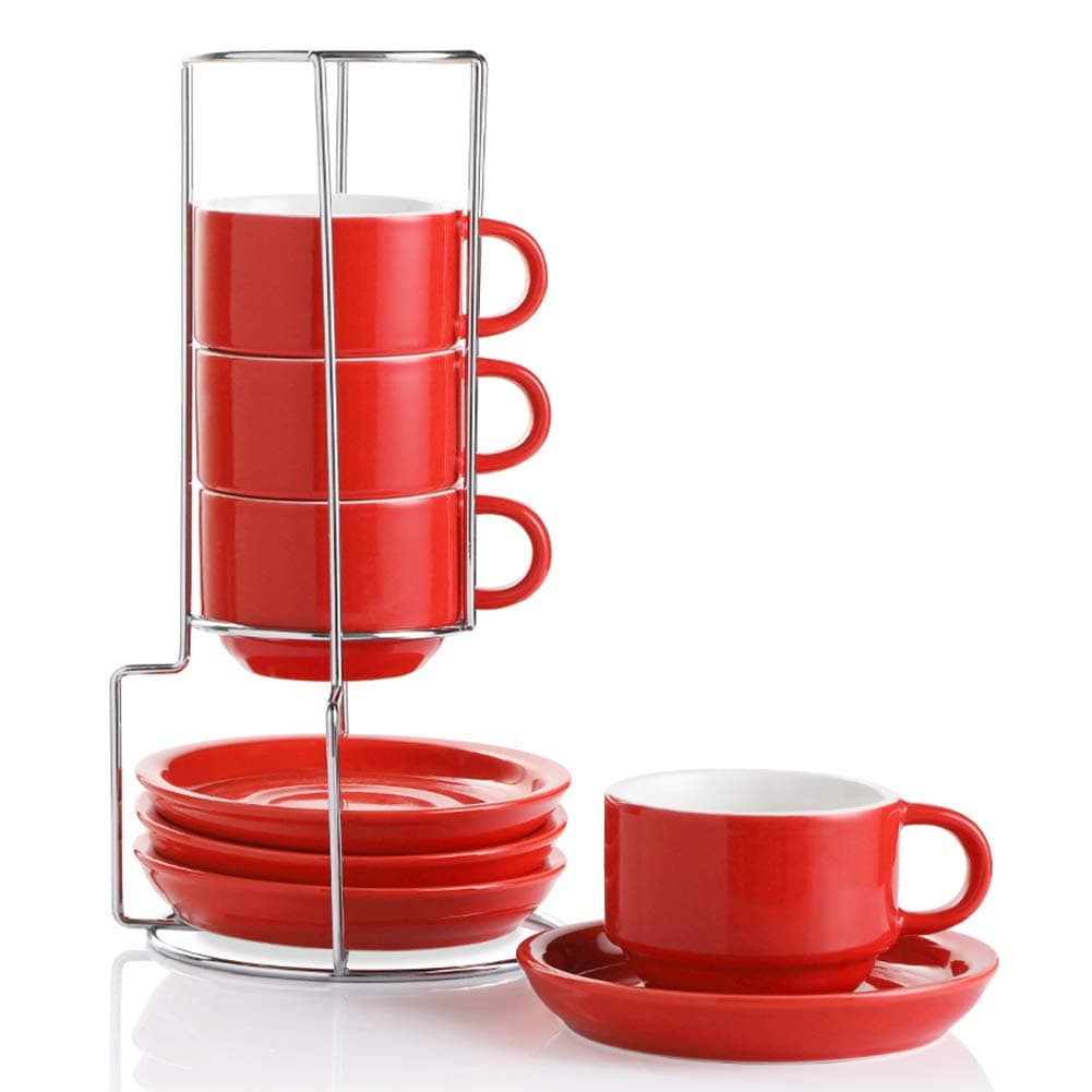 Porcelain Espresso Cups with Saucers, 4 Ounce Stackable Cappuccino Cups with Metal Stand for Coffee Drinks, Latte, Tea - Set of 4 (Red)