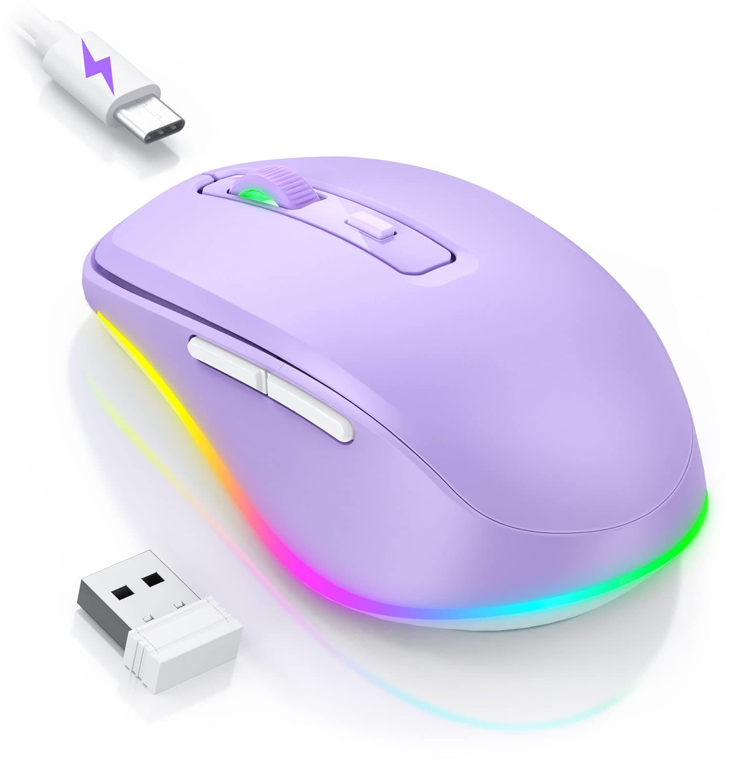 PEIOUS Wireless Mouse Jiggler - LED Wireless Mice with Build-in Mouse Mover, Rechargeable Moving Mouse for Laptop with Undetectable Random Movement Keeps Computers Awake - Purple