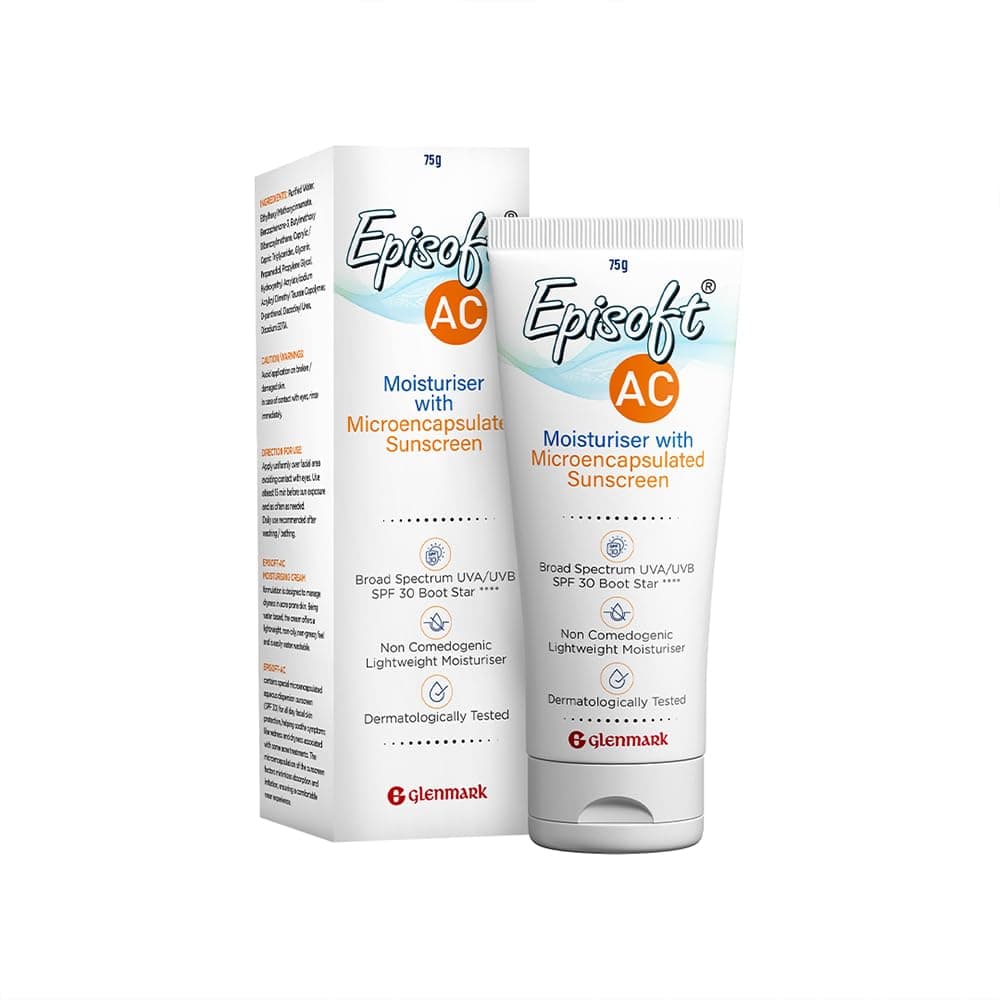 Episoft Ac Lightweight Moisturizer With Microencapsulated Sunscreen | Acne Safe | All Skin Types | Paraben & Fragrance Free | Suitable For Men & Women | 75Gm, 30 SPF