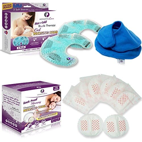 Nursing Mom Basic Kit - Gel Nursing Pads for Hot and Cold Breast Therapy + Disposable Ultra Thin Extra Absorbent Nursing Pads with Daytime and Overnight Protection (100 Count)