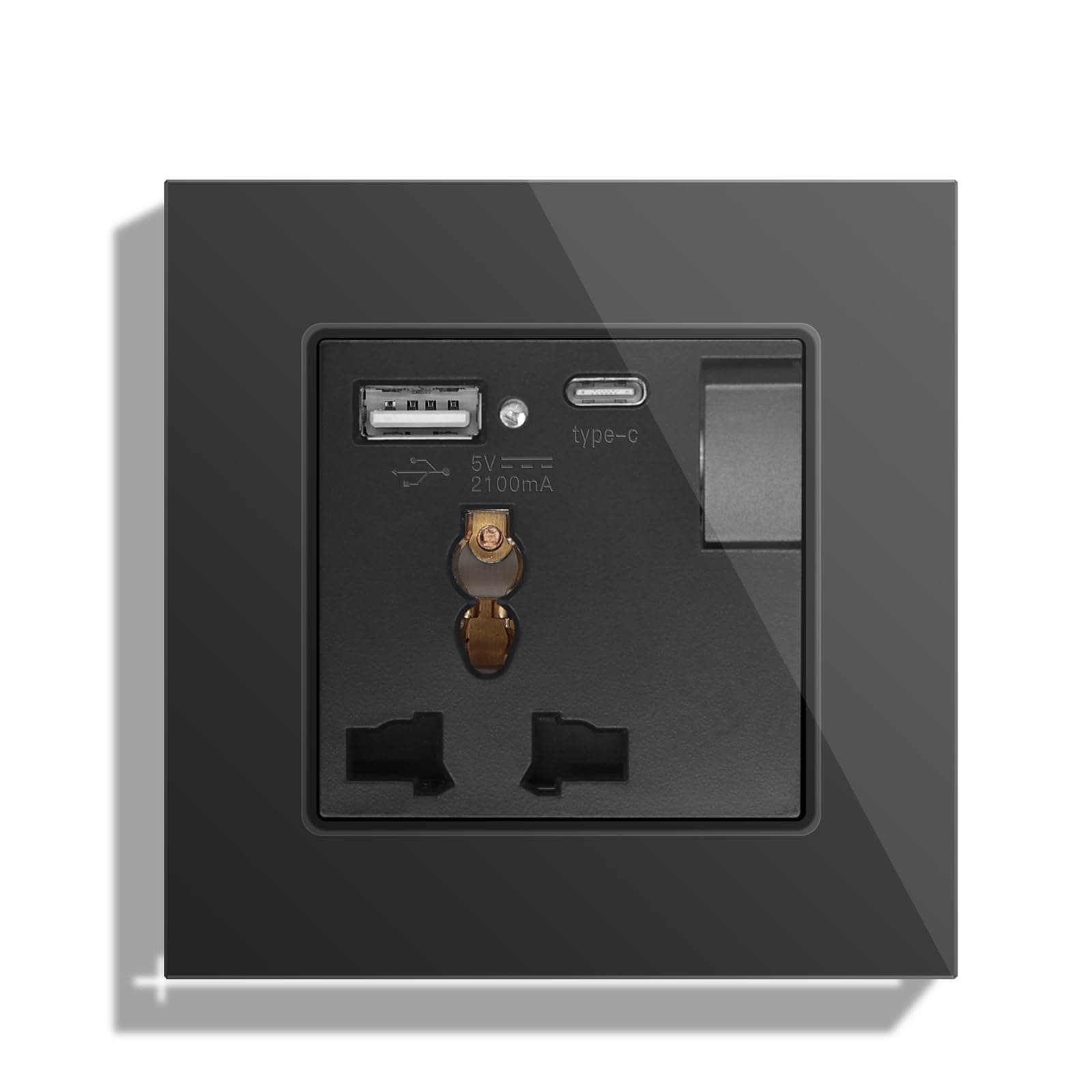 BSEED - Universal Single Switching Wall Plug with USB C and USB A - 1-Gang Black Multifunctional Wall Outlet with Glass Panel Applicable for 180+ Countries