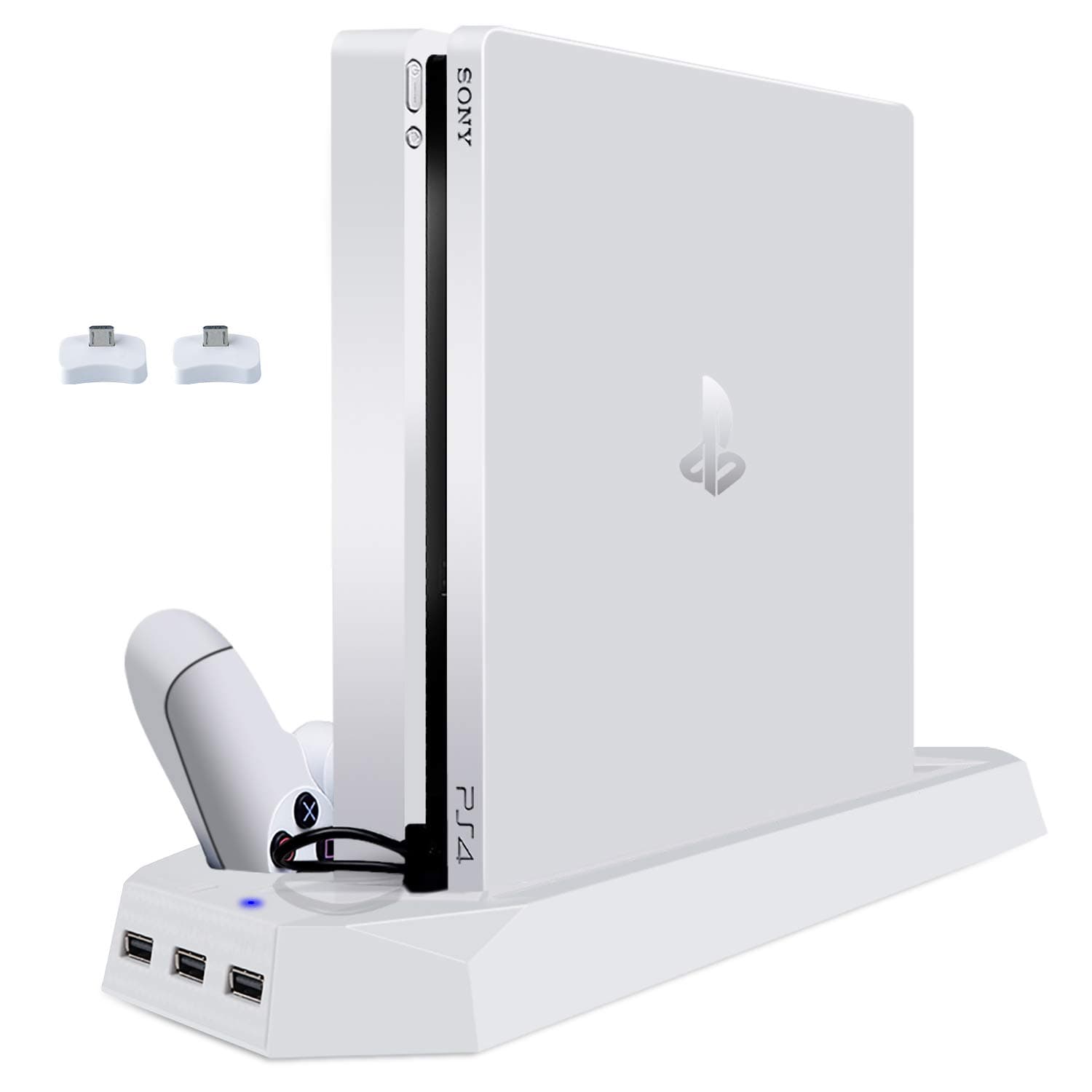 PS4 Slim Vertical Stand with Dual Cooling Fan, PS4 Controller Charging Station, 3 USB Ports, Accsesories for Playstation 4 PS4 Console - White