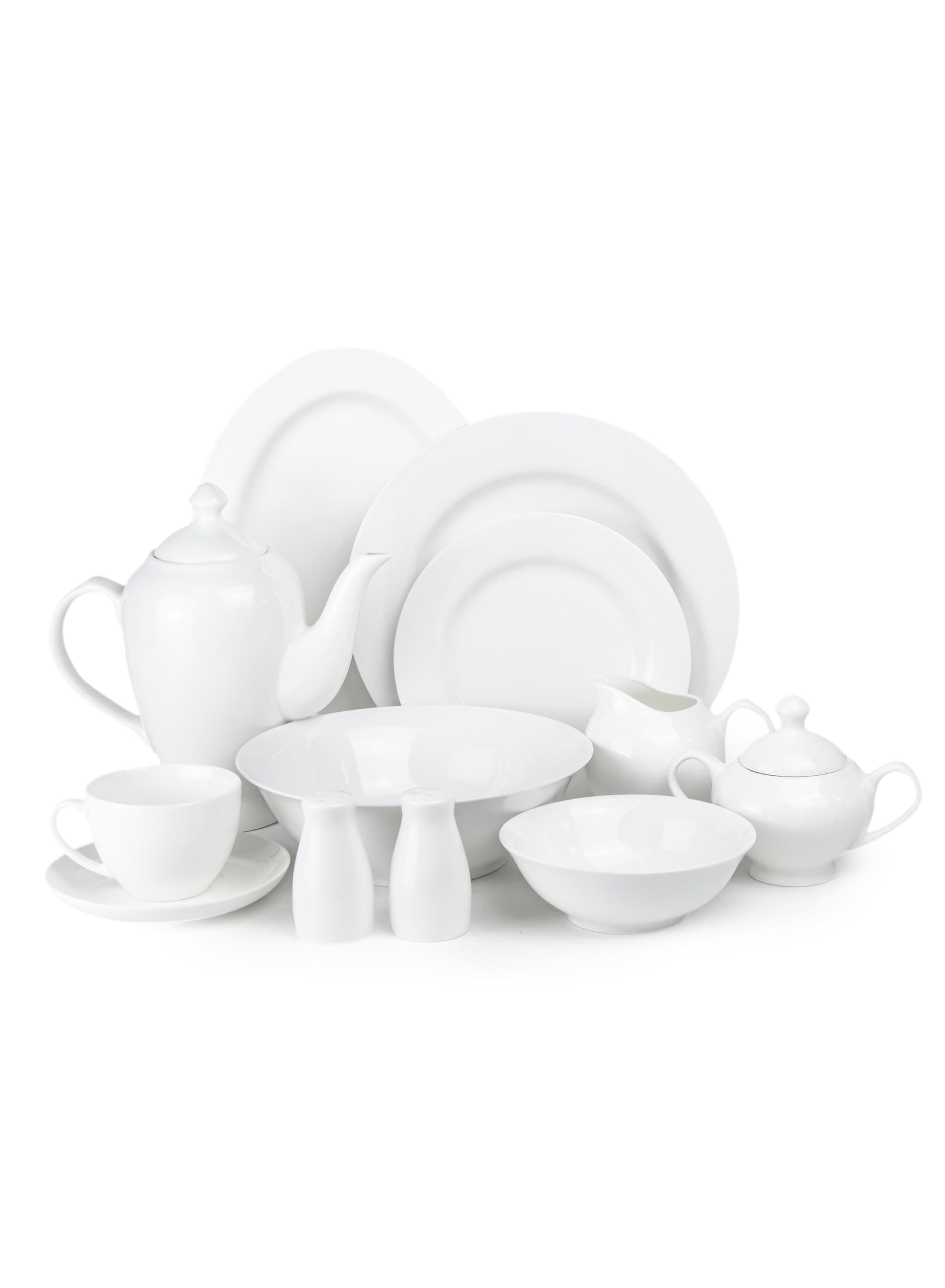 Cuisine Art 47-Piece Bone China Dinnerware Set White Dinner Set for 8 | Dinner Plates, Dessert Plates Tea Cups Saucers Bowls Salad Bowl Oval Platter Tea Pot Sugar Pot Creamer Salt & Pepper Shakers