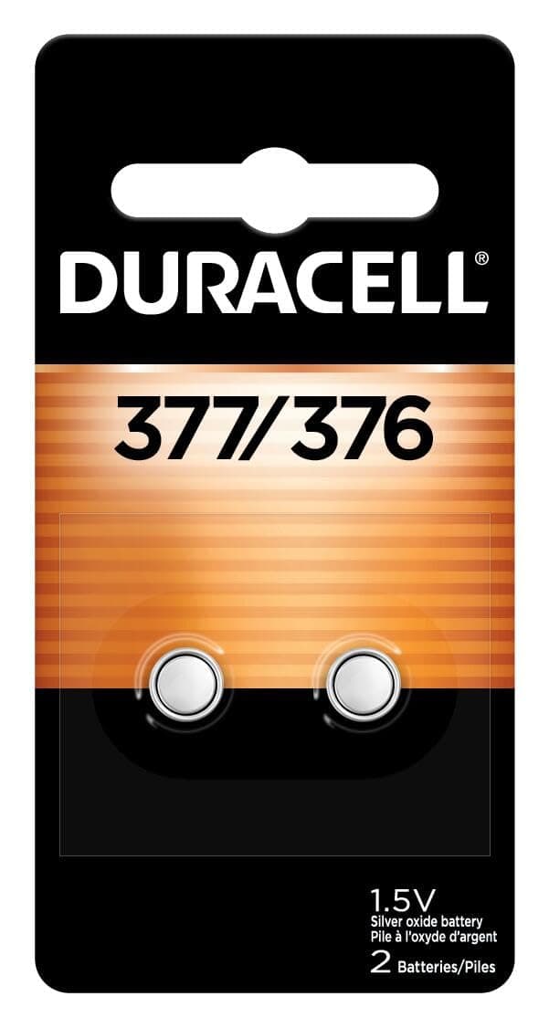 Duracell 376/377 Silver Oxide Button Battery, 2 Count Pack, 376/377 1.5 Volt Battery, Long-Lasting for Watches, Medical Devices, Calculators, and More
