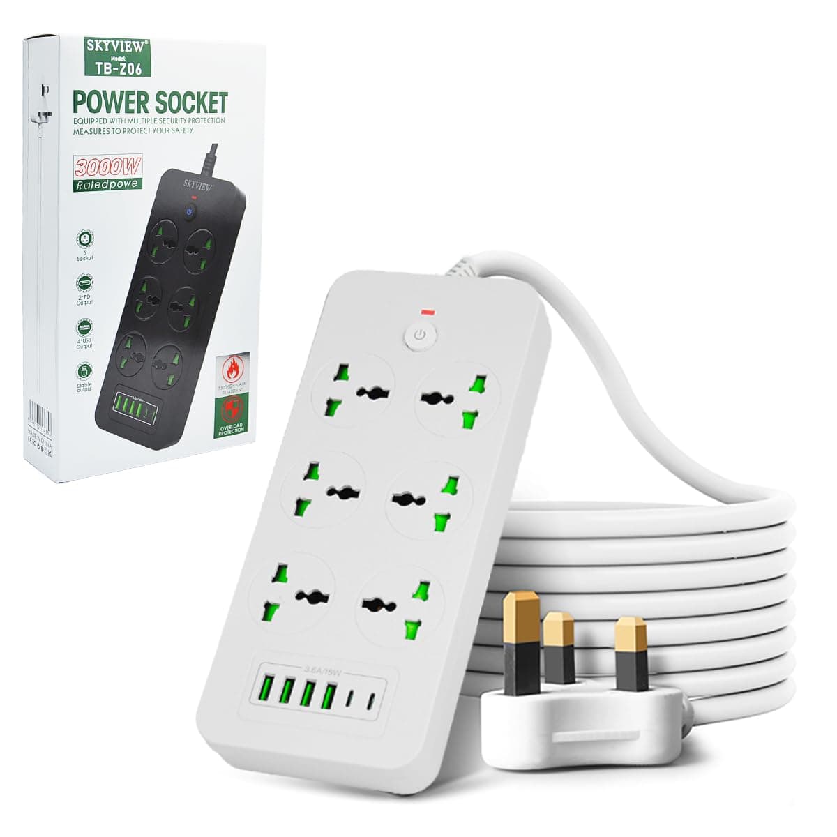 SKY VIEW Surge Protector Power Strip- Flat Plug Extension Cord With 6 Outlets And 4 USB Ports And 2 Type-C Ports,2M Power Cord(3000W/16A/110V-265V),PC Flame Retardant Material,Pure Copper Core (White)