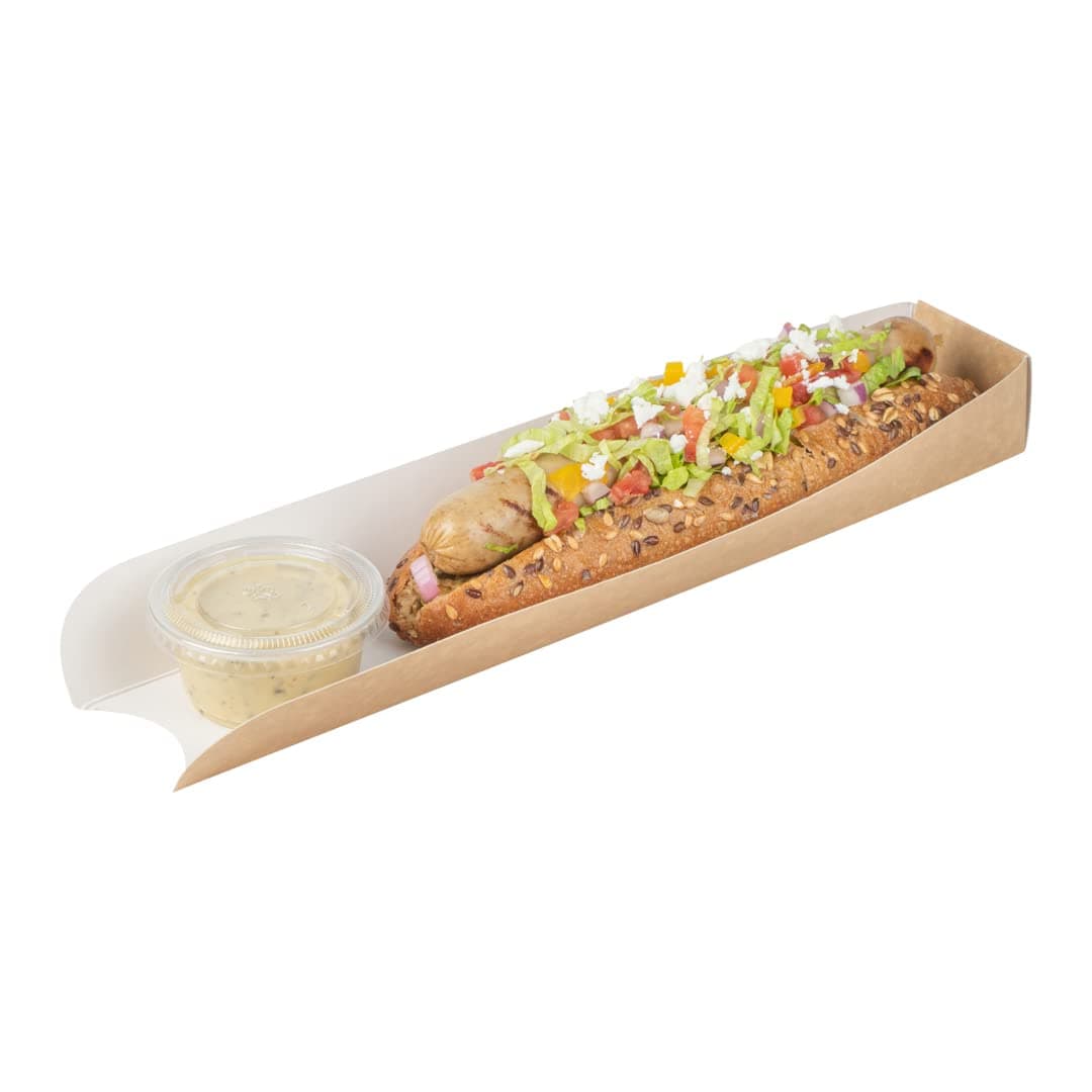 Restaurantware-Bio Tek 11.8 x 2 x 1.3 Inch Hot Dog Trays Pak of 200 Open-Design Hot Dog Containers - 3-Walled, Greaseproof, Recyclable, Disposable, Kraft Paper Serving Trays For Food Trucks