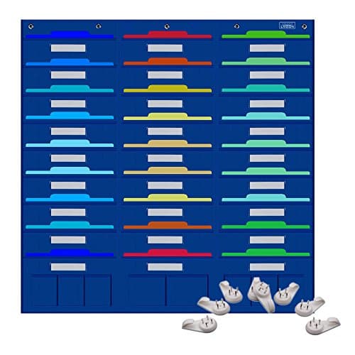 Pocket Chart, File Folder Organizer with 27 large + 8 small Pockets for Office, School, Home, Studio, etc. 41 X 40 inch, BLUE, Mountings READY (8 hangers)