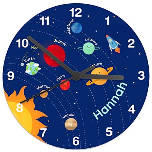 Kiddiewinkle Gifts Personalised Boys Wall Clock, Solar System Space Design, Personalised Kids Clocks, Boys Bedroom Accessories