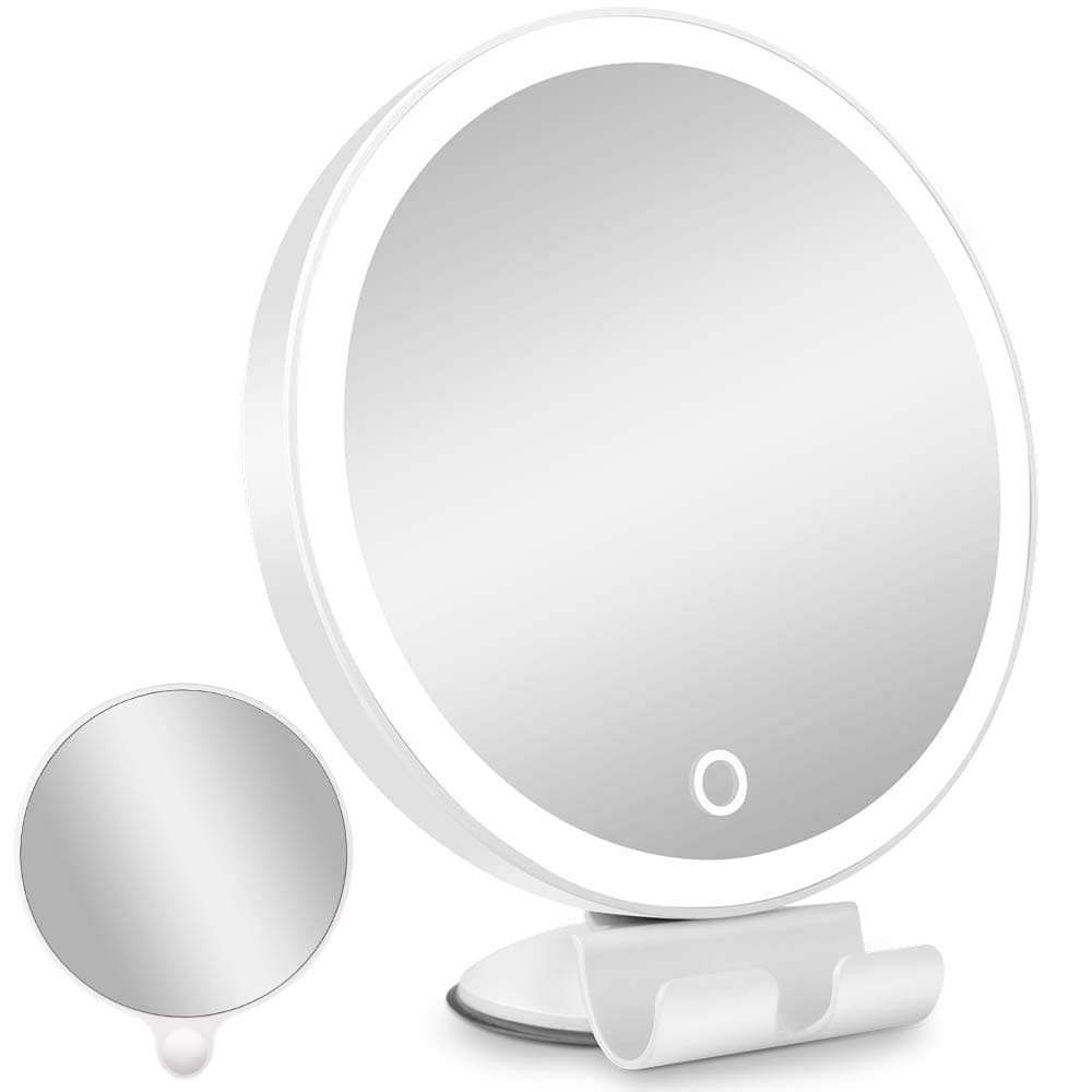 8.5" LED Double Sided Swivel Wall Mount Vanity mirror-10x Magnification,13.7" Extension,Touch Button Adjustable Light,Chromium,Shaving in Bedroom or Bathroom (8.52 Inch)