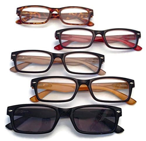 SightPros Reading Glasses - clear cheater for men and women- basic magnifying cheaters - bulk 5 set with sunglasses reader