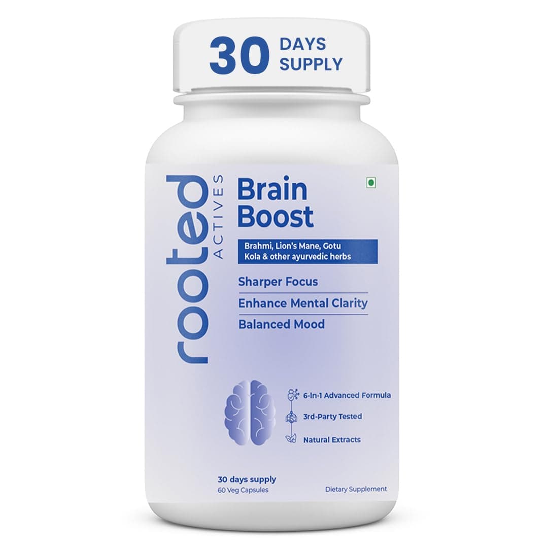 Rooted Brain Boost – 6-in-1 Advanced Nootropic with Brahmi, Lion’s Mane & Ayurvedic Herbs | Supports Focus, Memory, Mental Clarity & Stress Balance | Standardized Extracts | 60 Veg Capsules