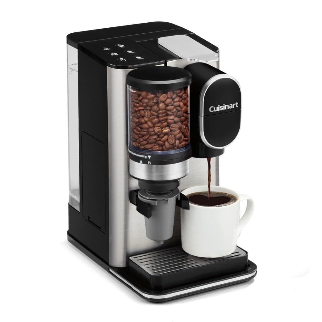 Single-Serve Coffee Maker + Coffee Grinder with 8, 10, and 12 oz. Serving Size, Compatible with Single-Cup Pods, 48-Ounce Removable Reservoir, Stainless Steel, DGB-2SS