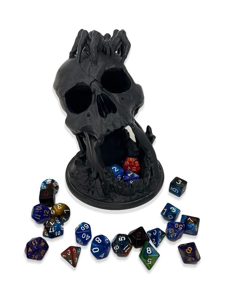 MunnyGrubbers - 6.5" Skull Dice Tower - Made in USA - (Random 7PCS D20 Dice Set Included) - No Paint Odorless Plastic - Tabletop Roleplaying Game - Dice Roller - DND - D&D - (Black)