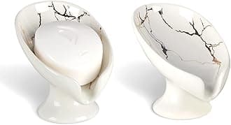 Soap Dish Set, Self Draining Bar Soap Holder for Bathroom Sink, Leaf Shaped Drainage Ceramic White Marble Porcelain Soap Dishes, Kitchen Decorative Soap Dish 2PACK, ANTIS'S HOME