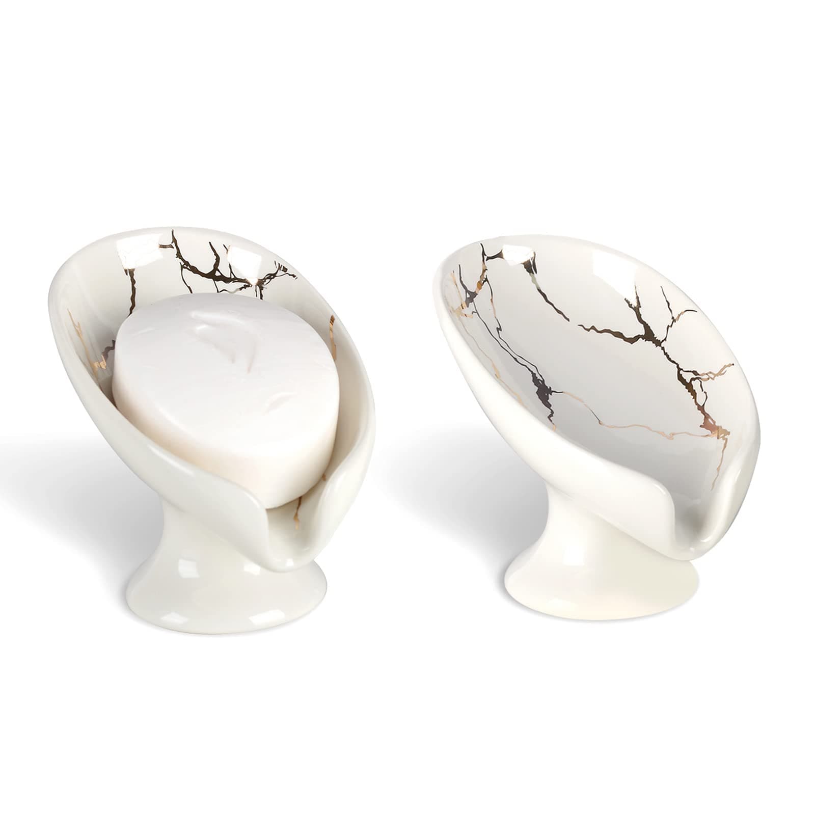 Soap Dish Set, Self Draining Bar Soap Holder for Bathroom Sink, Leaf Shaped Drainage Ceramic White Marble Porcelain Soap Dishes, Kitchen Decorative Soap Dish 2PACK, ANTIS'S HOME