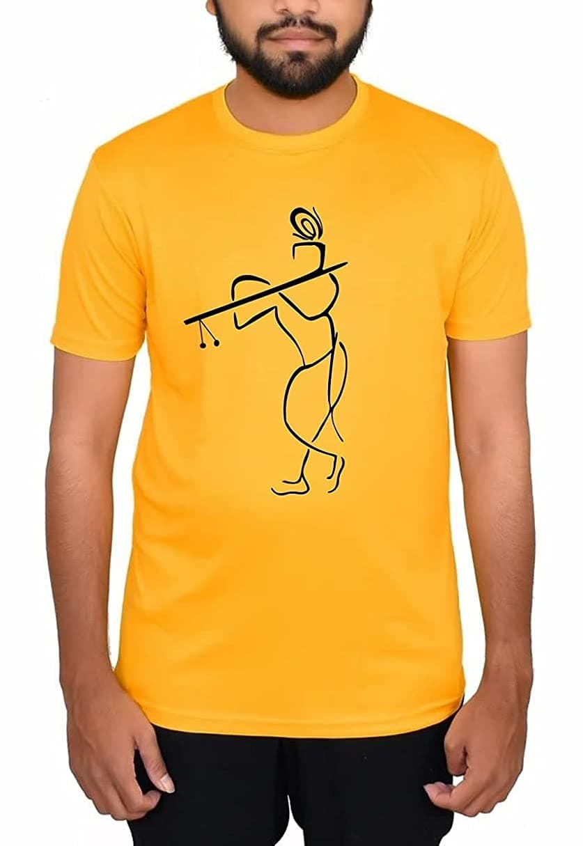 Dhruvi Studio & Gifting Men's Printed Krishna Image Printed Polycotton T-Shirt for Men and Women (X-Large) Yellow