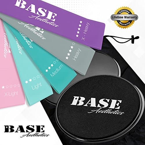 Base Aesthetics 8 Inch Dual Sided Gliding Discs Core Sliders and 12 Inch Fitness Resistance Loop Bands for Ultimate, Low Impact Exercises to Strengthen Abdominal, Glutes, Legs, and Stability