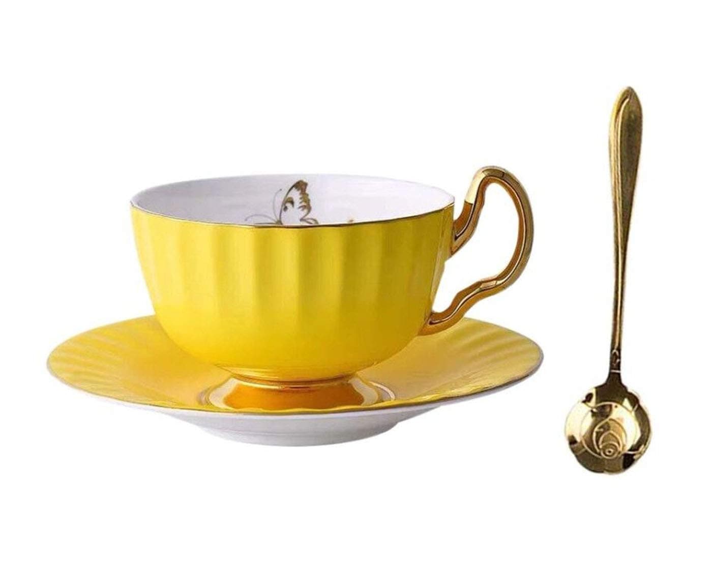 Bone China Cup and Saucer Set Ceramic Tea Coffee Cup for Breakfast Afternoon Tea - Butterfly and Elegance Series (Yellow)
