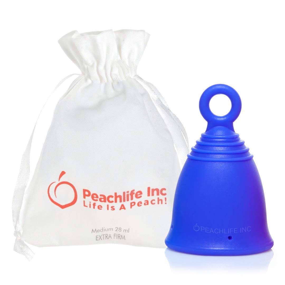 Silicone Ring Menstrual Cup with Loop Pull Stem Handle - Reusable for 10 Years - Medium Size, Extra Firm Peachcup