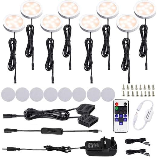AIBOODimmable Under Counter Lights Kitchen with Remote,Ultra-Thin 240V LED Cabinet Lights,16W Cupboard Lights，8 Lights,Warm White
