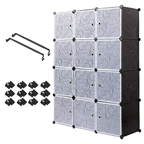 PONCTUEL ESCARGOT Interlocking Plastic Wardrobe Cabinet Storage for Clothes Translucent Decorative Patterns, Elegant Black & White (12 Cube)