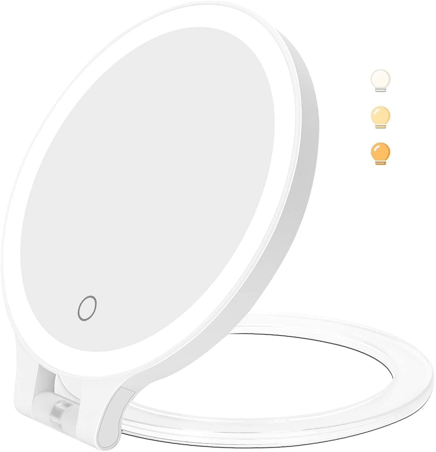 Flymiro Lighted Makeup Vanity Mirror with 10X 1X Double Sided Magnification Mirror, 3 Color Lighting, Rechargeable Tabletop Desk LED Foldable Travel Cosmetic Mirror with Lights